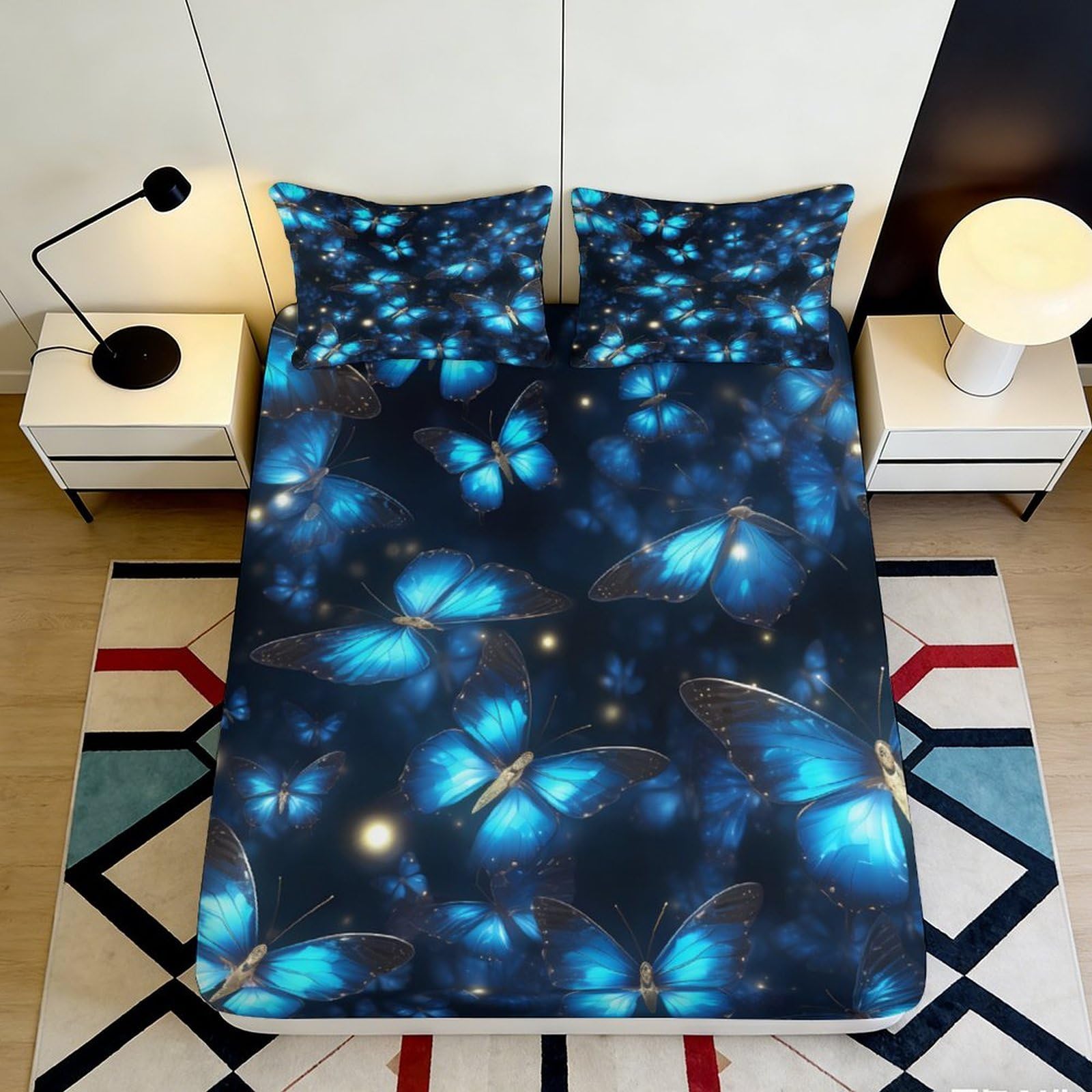 3D Printed Luminous Butterfly Fitted Sheet Microfiber Non-Slip Deep Pocket Bedroom Bedding Luminous Butterfly Mattress Fitted Cover 140x200x25cm