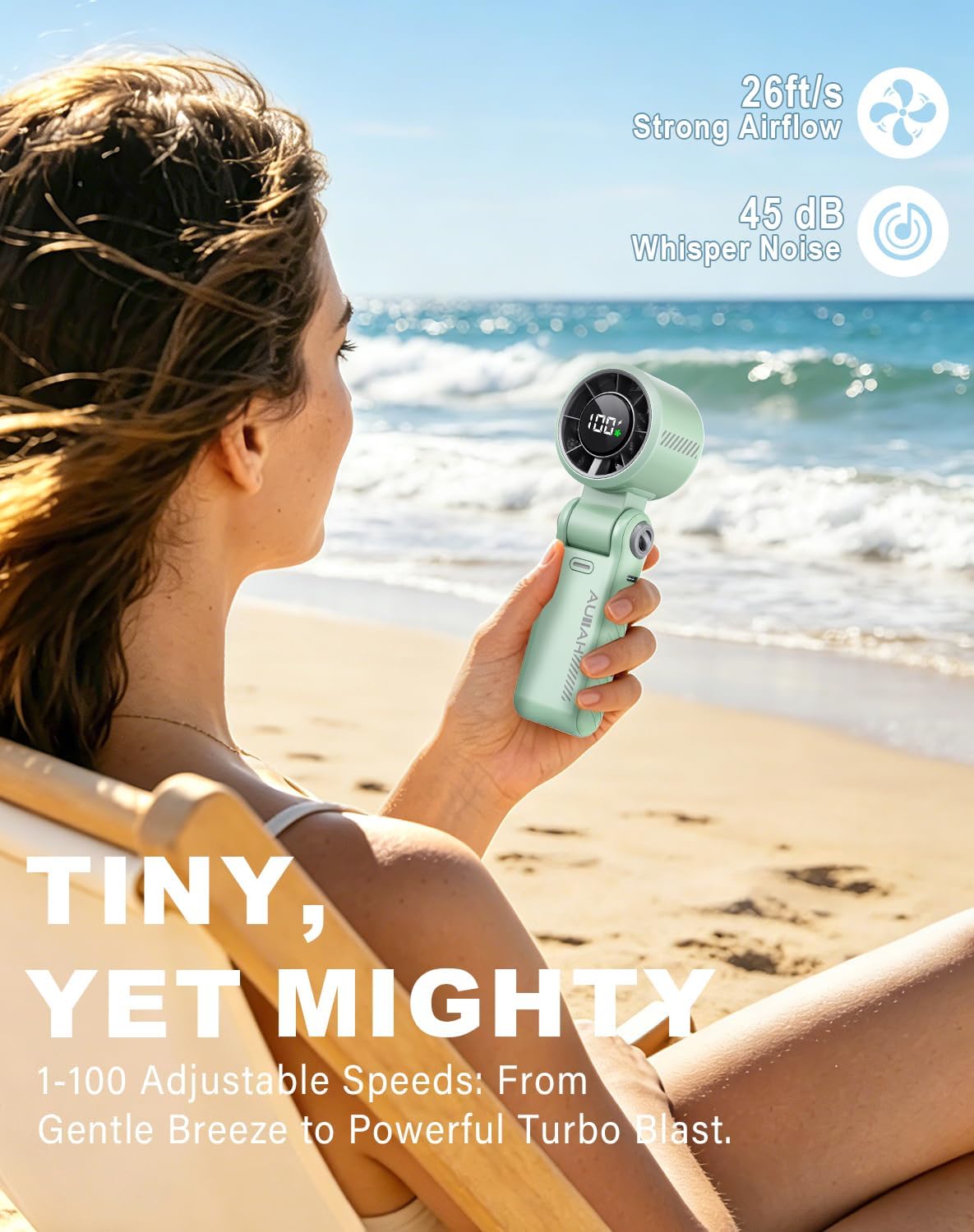 Portable Handheld Turbo Fan - 5 Speed Mini Personal Fan with Strong Airflow, Foldable 3 in 1 Rechargeable Battery Operated Trave Essentials Hand Fans for Indoor/Outdoor Use, Green thumbnail