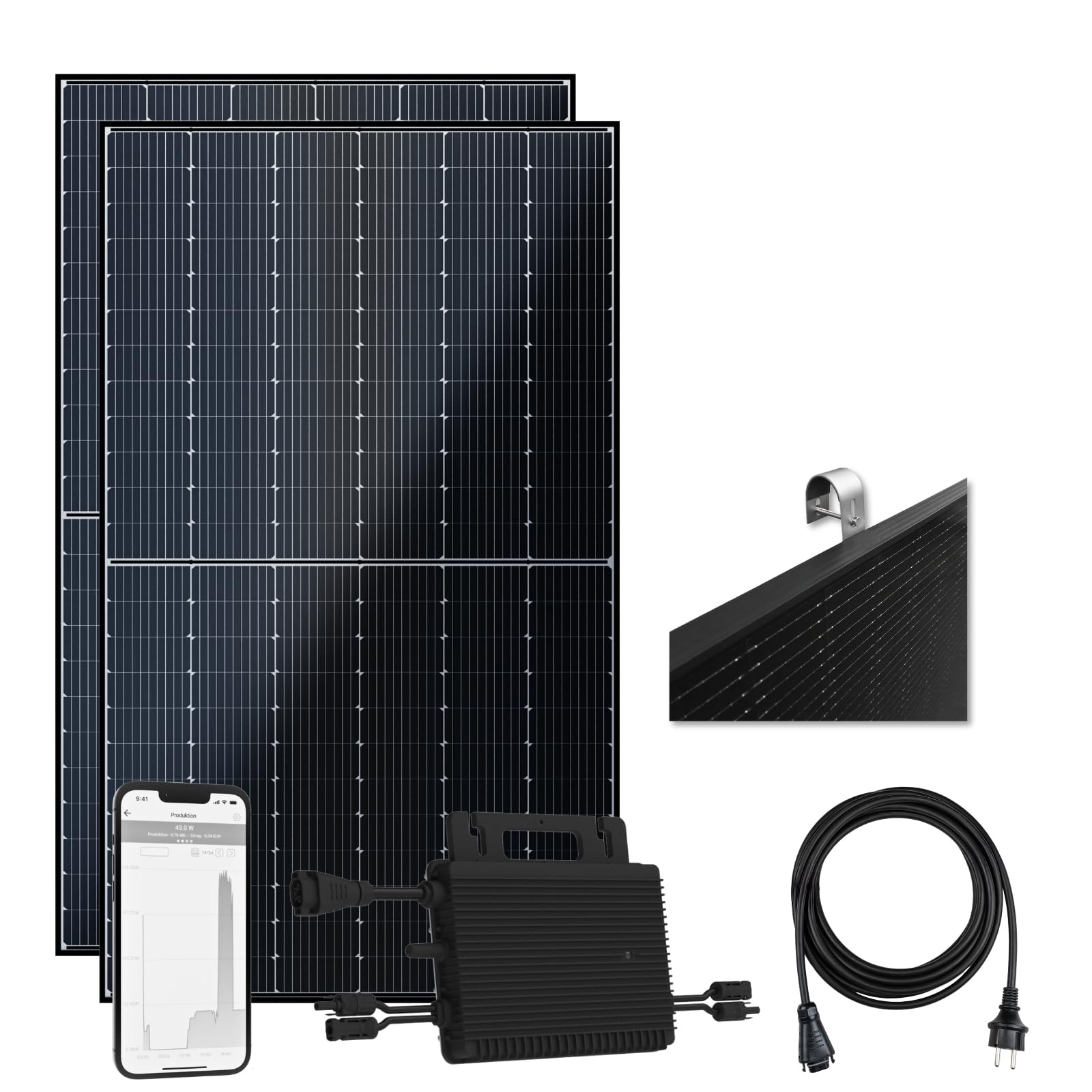 Balkonkraftwerk Komplettset I 890Wp Solarmodul, Hoymiles HMS-800W-2T Wechselrichter, flache 0° Balkonmontage & 10m Kabel I Bifaziale Solaranlage für 20% mehr Stromgewinnung von Zuhause