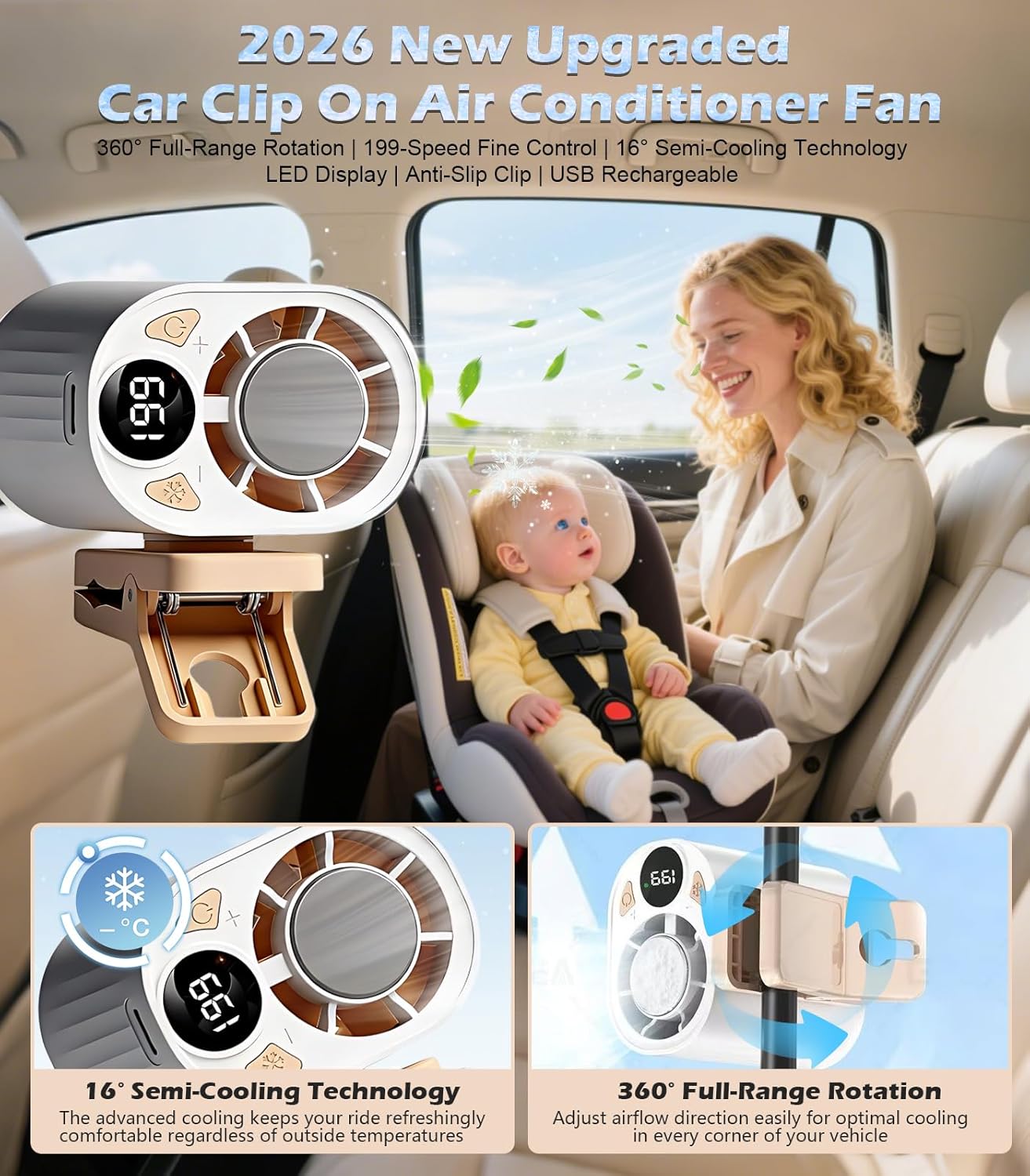 2026 Car Clip on Air Conditioner Fan with LED Display, Mini Cooling System for Auto Vehicle, 360° Rotation 199 Speeds Adjustable Portable Air Conditioner for Cars, Work, Camping (Black)