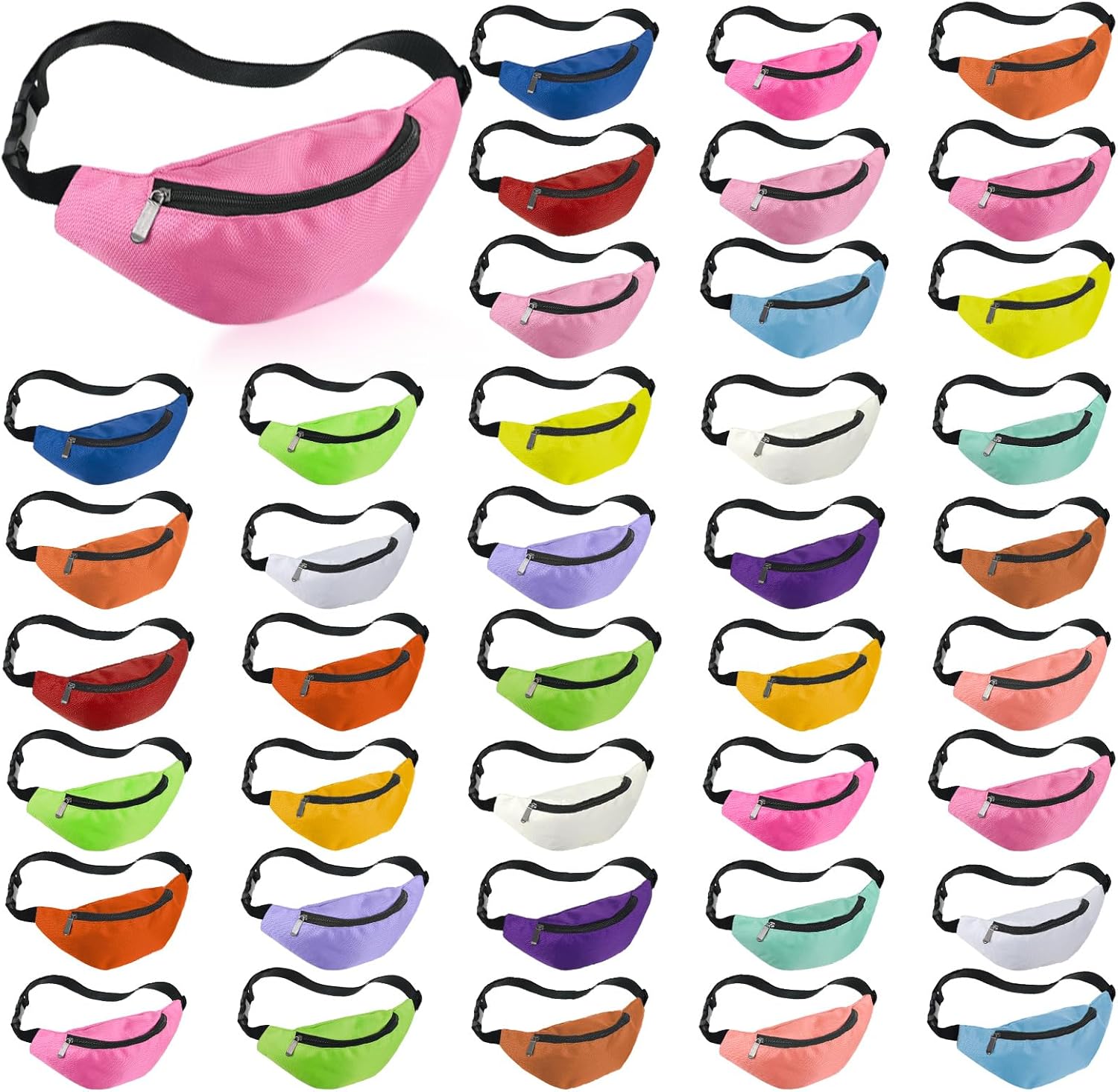 Saintrygo 40 Neon Fanny Packs Bulk, 80s Party Waist Bag Adjustable Colorful Oxford Cloth Fashionable Fanny Bags for Women Men Travel Running Outdoor (Bright Color)