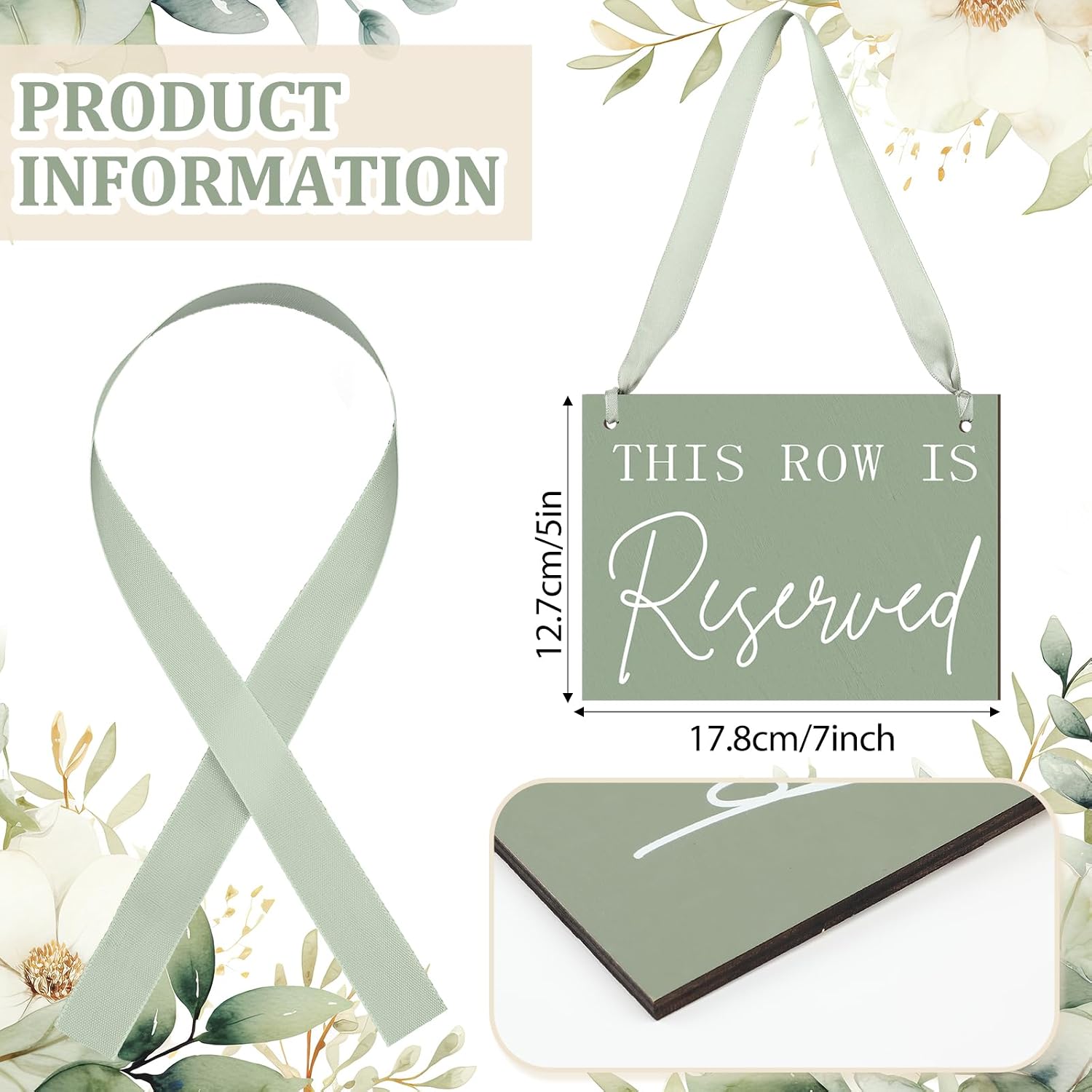yousoontic 12 pack wooden reserved row sign for wedding chairs this row is reserved hanging signs with ribbon for wedding reception party restaurant church events pews, 5 x 7'' (sage green,elegant) sage green elegant