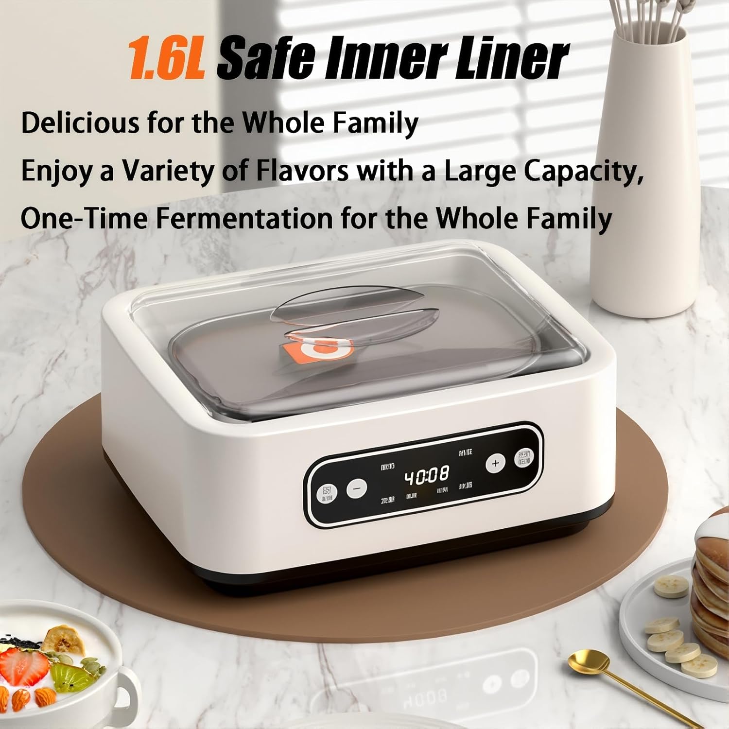 Yogurt maker with a label indicating 1.6L Safe Inner Liner, suitable for the whole family.