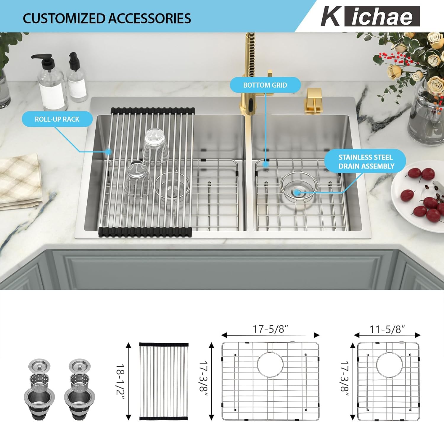 Kichae 33 Kitchen Sink Drop In - 33 Inch Double Bowl Kitchen Sink 16 Gauge Stainless Steel 60/40 Drop In Top Mount Overmount Handmade Basin