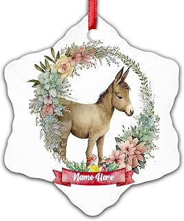 Dinoz Merry Christmas Mule Animal Watercolor Ornament, Tree Animal Décor Personalized Name Both Sides Print Ceramic Ornament Snowflake Keepsake Gift Decor