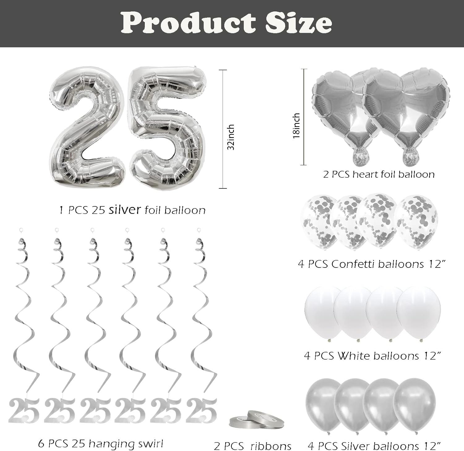 Concico 25th Anniversary Decorations Party Supplies Set of Happy Anniversary Photo Banner and Balloons,Hanging Swirls for 25 year Wedding decor(silver)