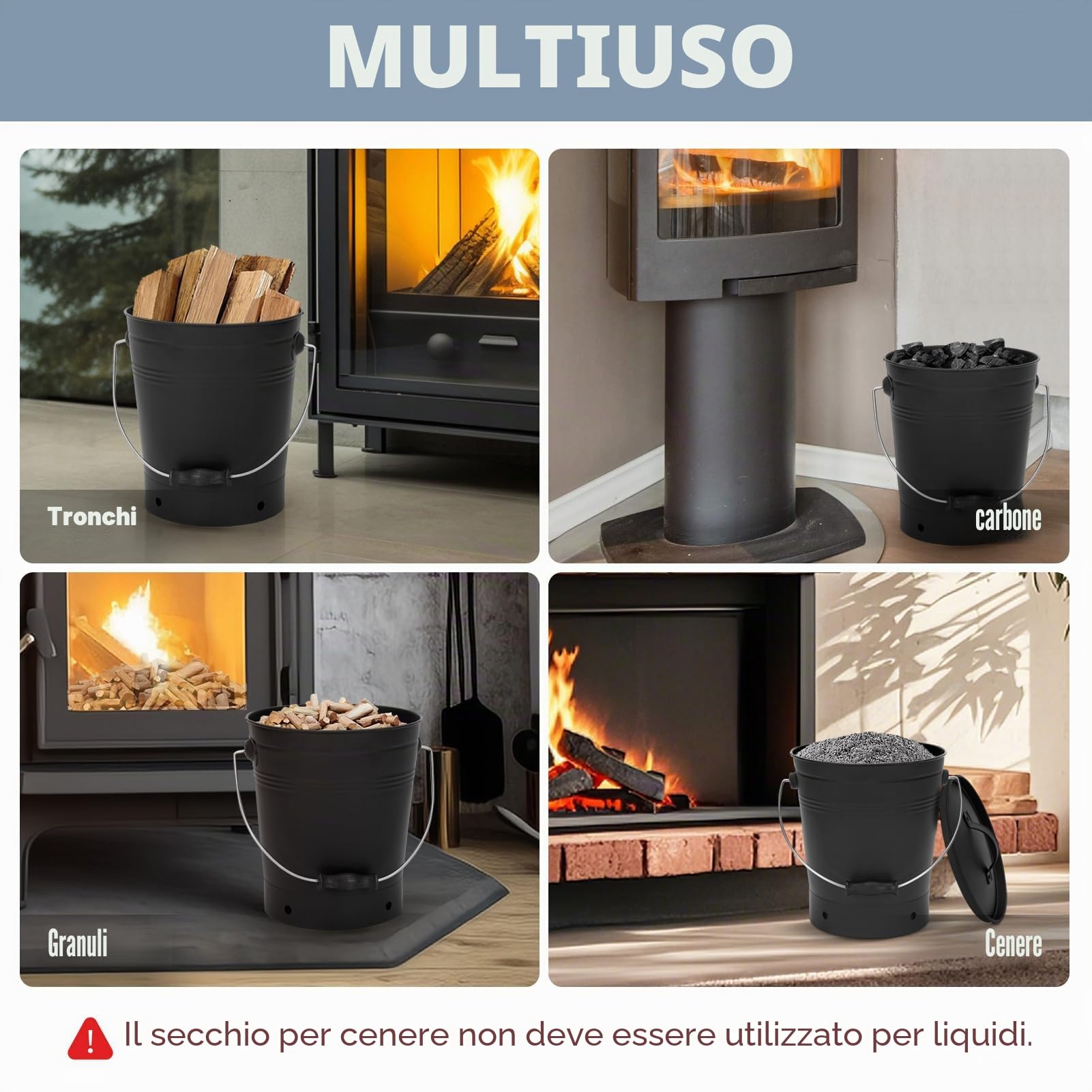 INNO STAGE Secchio per cenere con coperchio e manico in legno Pala per carbone, secchio porta cenere per caminetto, braciere, stufa a legna nera