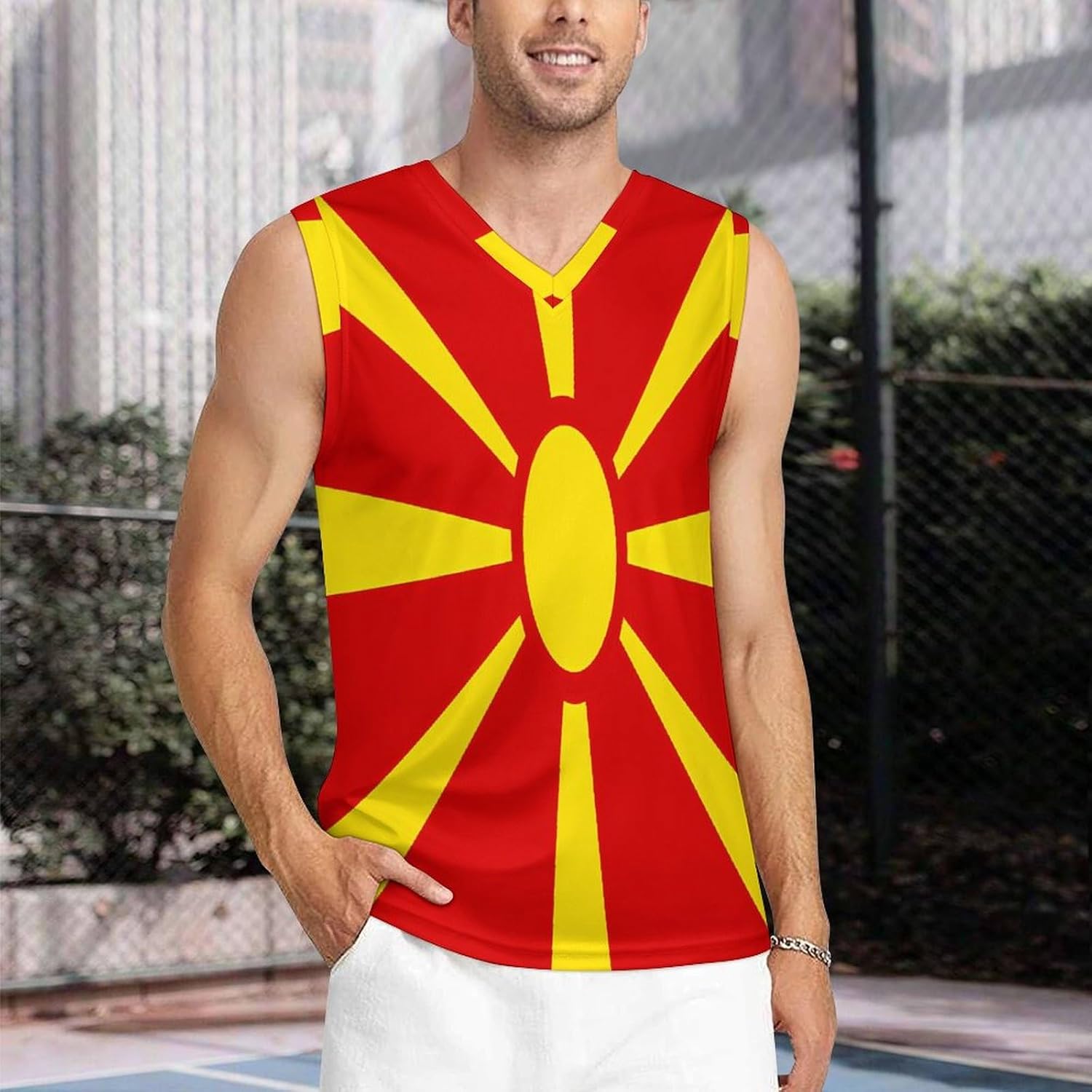 Macedonia Macedonian Flag Men's V-Neck Basketball Tank Top Sleeveless Workout Tank Shirts Gym Fitness Tees Vest