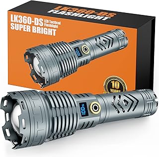 Dsstoc LED Rechargeable Flashlights High Lumens, 180,000 Lumens Super Bright Powerful Waterproof with Battery, 5 Mode Zoomable Tactical Handheld for Emergencies Camping, Silver Gray (Dsstoc LK360-DS)