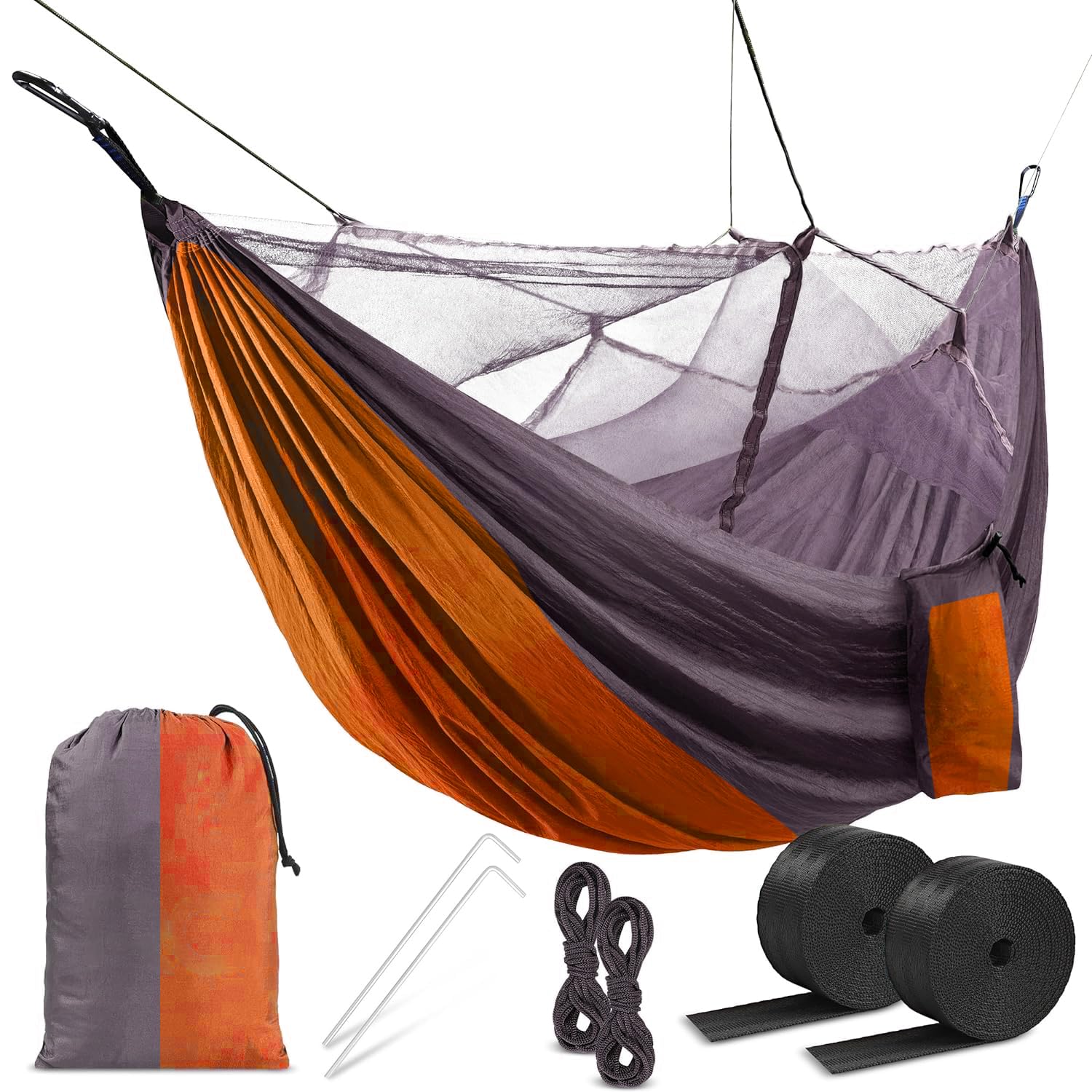 HACER Portable Outdoor Camping Hammock with Mosquito Net & Carabiner Nylon Windproof Hanging Swing for Hiking Backpacking - Orange & Grey-picture-48