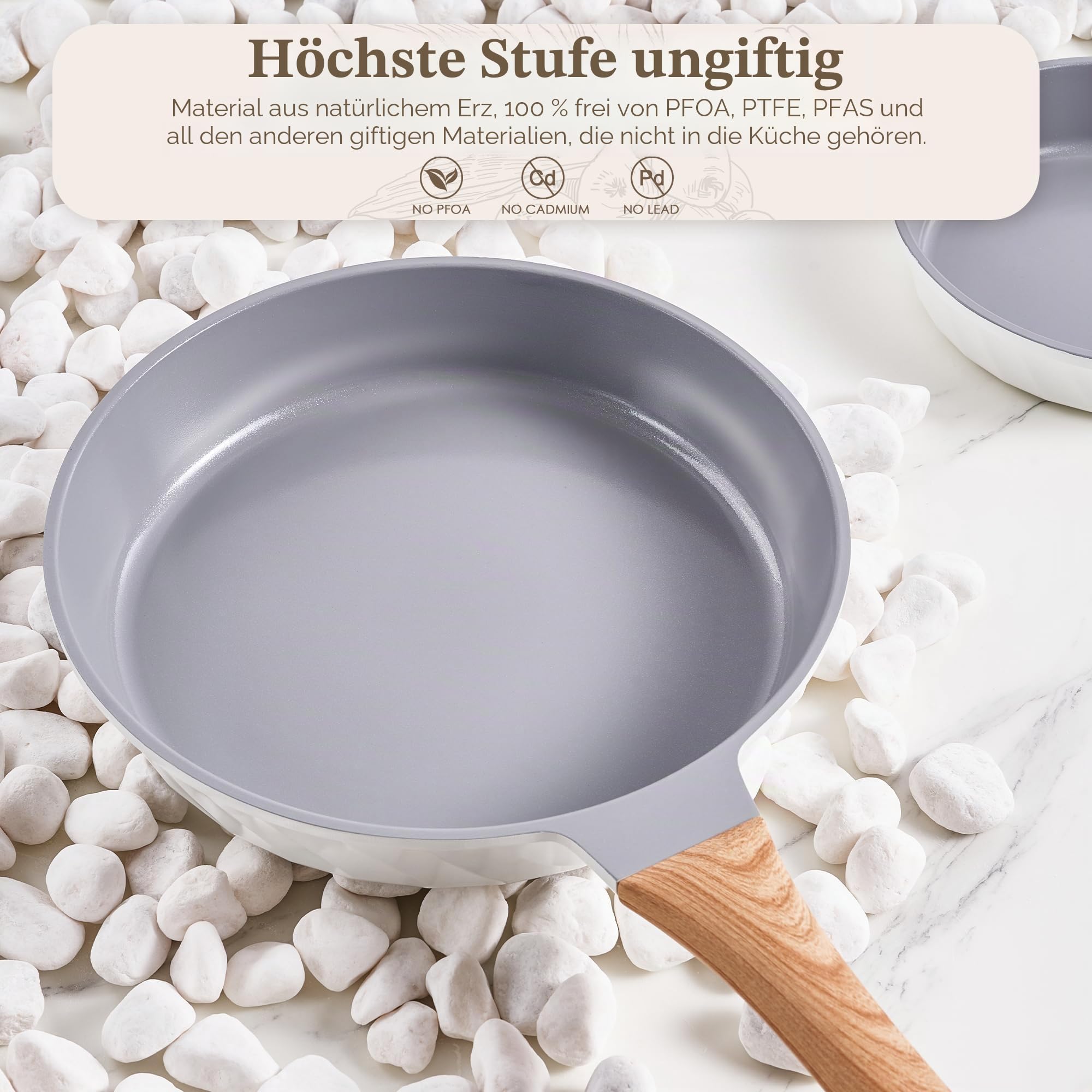 RIOVARM Keramik Antihaft beschichtung Bratpfannen-Set Induktion Pfannenset 20cm 24cm 28cm mit Holzmaserung Bakelit Griffe Gesundes Kochgeschirr-Set ohne PFOS, PFOA, PTFE Eierpfannen Omelett-Pfannen