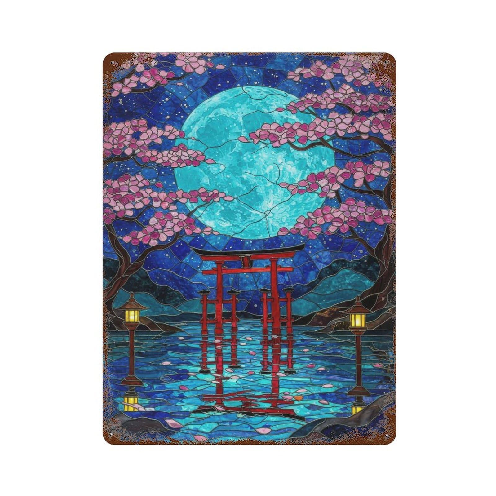 Vintage Rust Metal Sign Japanese Torii Gate Stained Glass 15.7"x11.8", Shabby Chic Decor for Cafe, Home Bar And Lounge Decor