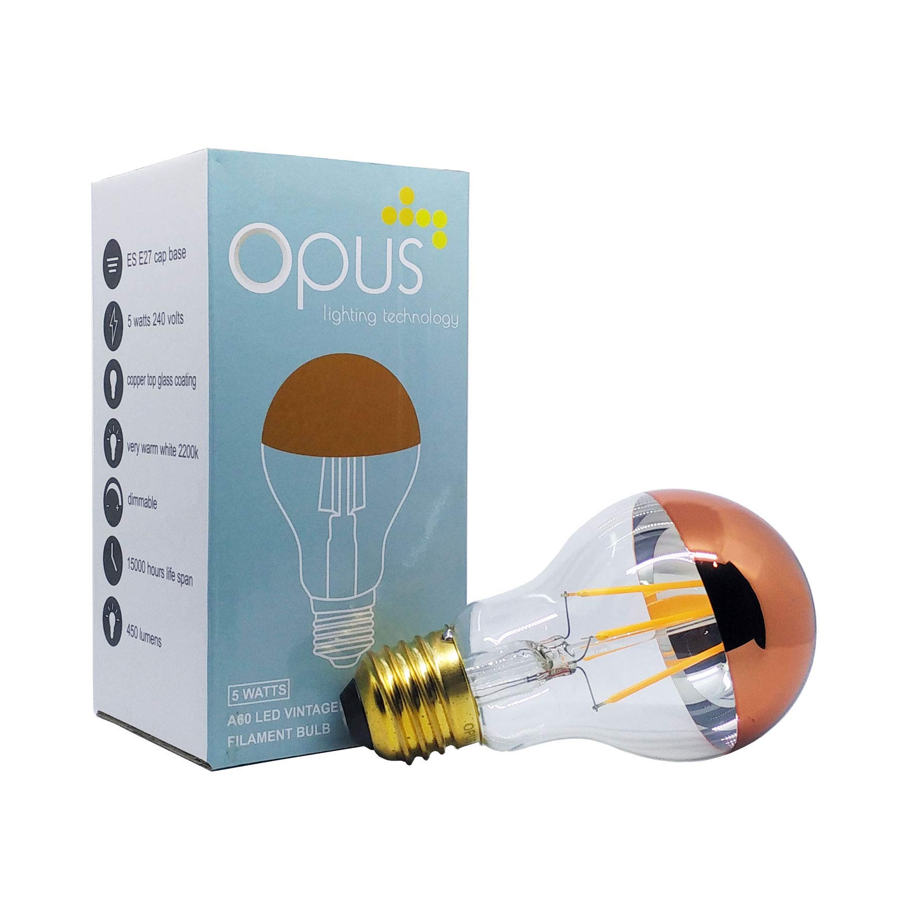 Opus Lighting TechnologyPack of 1 x 5watt Crown Copper Filament GLS LED ES E27 Screw Cap Very Warm White Dimmable