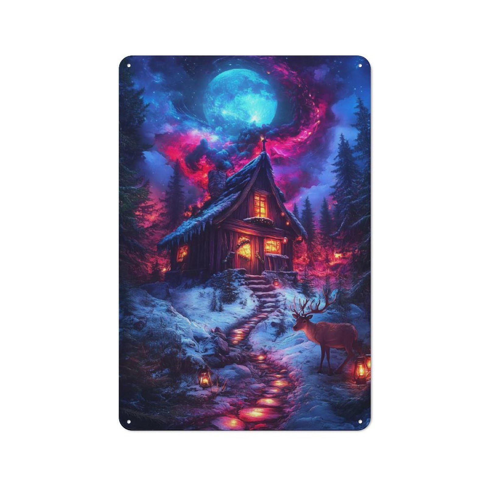 Junmoney Winter Cabin Under A Cosmic Sky For Café Or Restaurant, Vintage Metal Sign 30X20cm, For Vintage Wall Decor Fans, For Cafés, Pubs And Restaurants