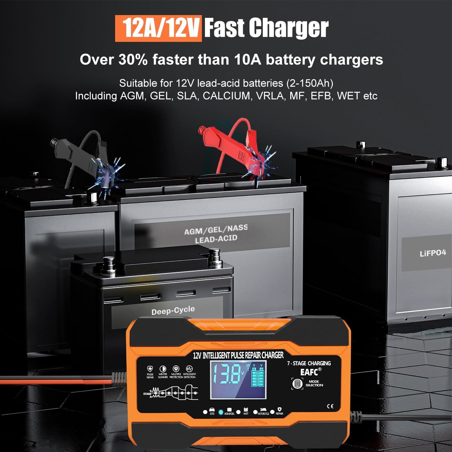 EAFC Caricabatterie per auto da 12 V 12 A e mantenitore della batteria, caricatore automatico a 7 stadi con modalità di riparazione, display LCD e compensazione della temperatura per batterie AGM, GEL