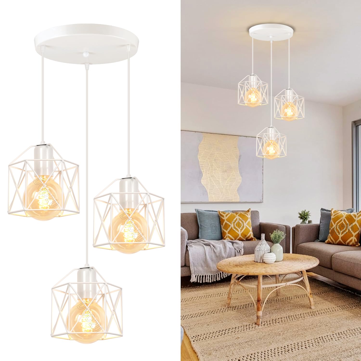 E27 Lampadario a Sospensione Vintage 3 Luci Industriale Plafoniera Bianco Retro in Metallo gabbia Lampada da soffitto per Cucina Salotto (Bianco -Con Una Base)