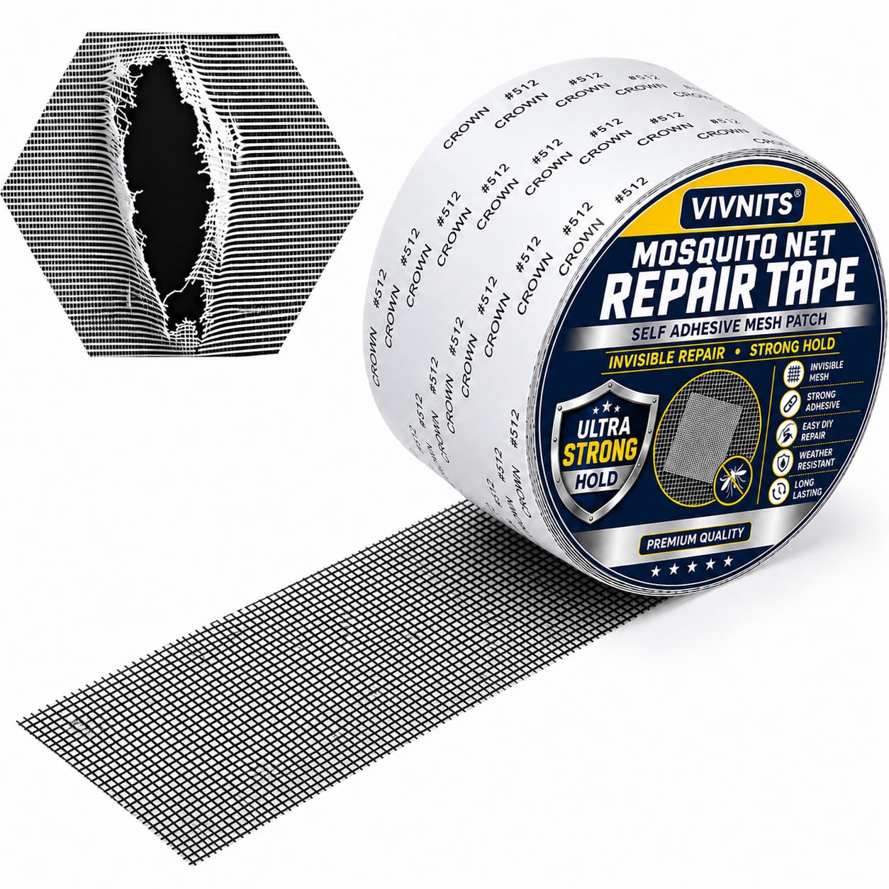 VIVNITS Mosquito Net Repair Tape 2 In x 79 In (5CM x 200CM), Self Adhesive Window Screen Mesh Roll, Peel and Stick Patch for Torn Holes, Durable Fiberglass Insect Screen (Standard Roll)