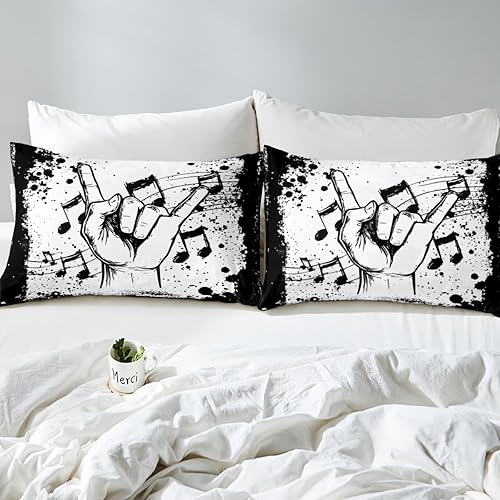 Miniatura 7 de Erosebridal Juego de sábanas con temática musical de música rock, tamaño Queen, juego de sábanas con estampado de notas musicales, juego de sábanas