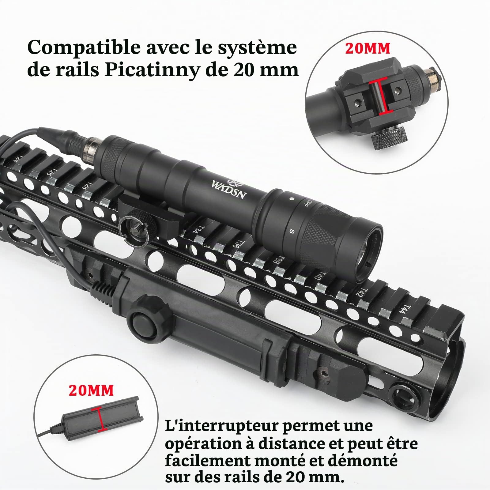 M600W Lampe de poche Tactique poing flash à double fonction, lampe de reconnaissance à 600 lumens pour le système ferroviaire Picatinny de 20 mm (Noir)