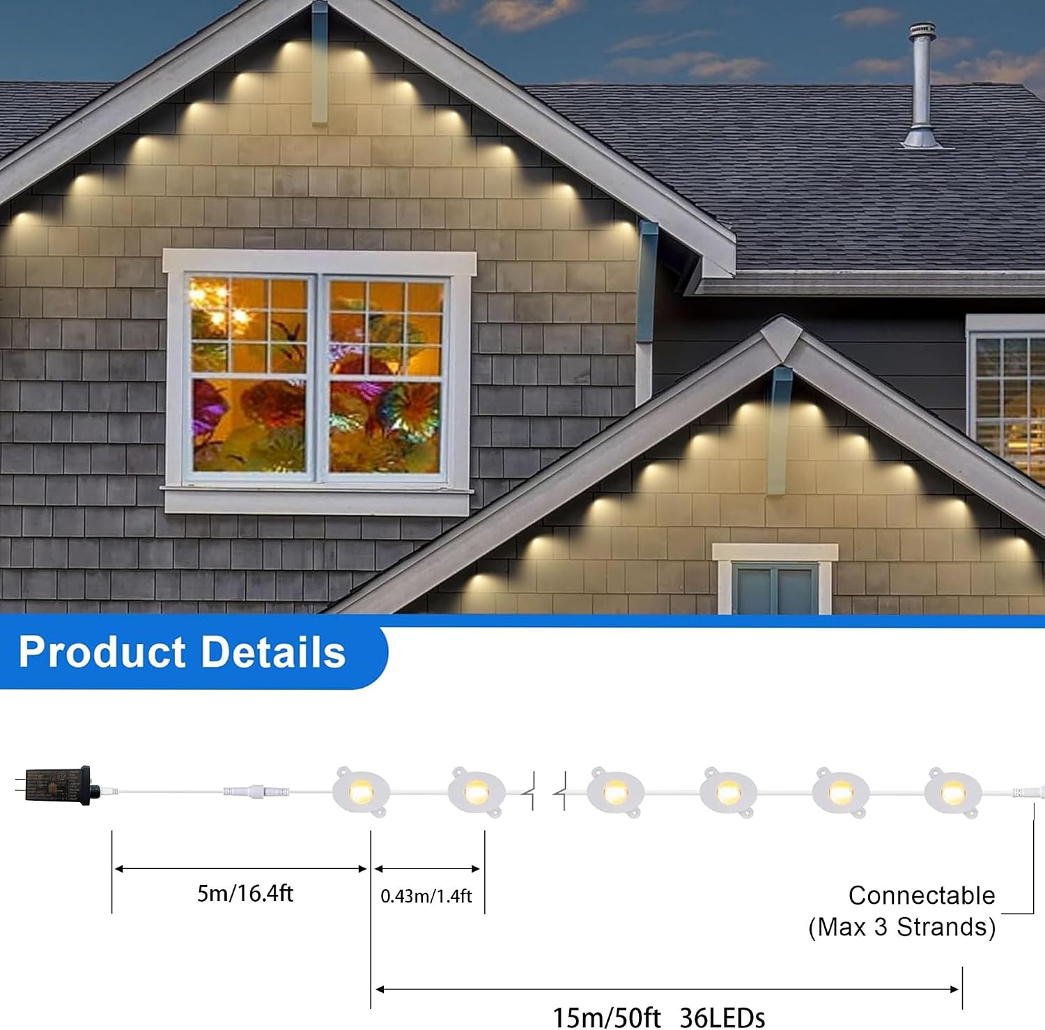 MERRIMAX M Permanent Christmas Outdoor Lights,50ft 36LED Eaves Lights with Remote,8 Modes Waterproof Outdoor Eave Connectable Christmas String Lights for Indoor Party (Warm White)