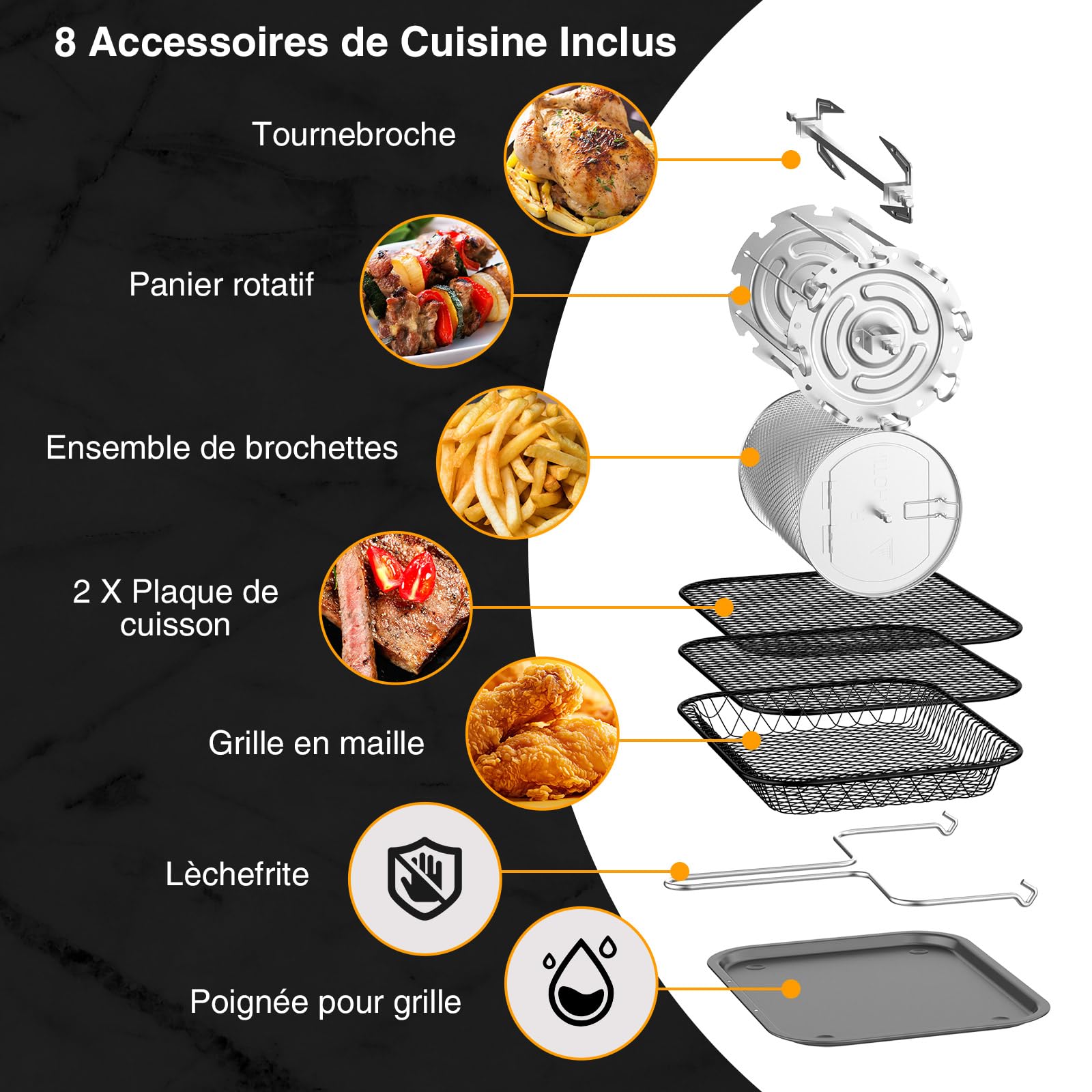 Freidora de aire caliente grande para pizza, Air Fryer XXL 12 L, horno 12 en 1, freidora de aire caliente con 8 accesorios, freidora de barbacoa, freidora multifuncional sin aceite con 2