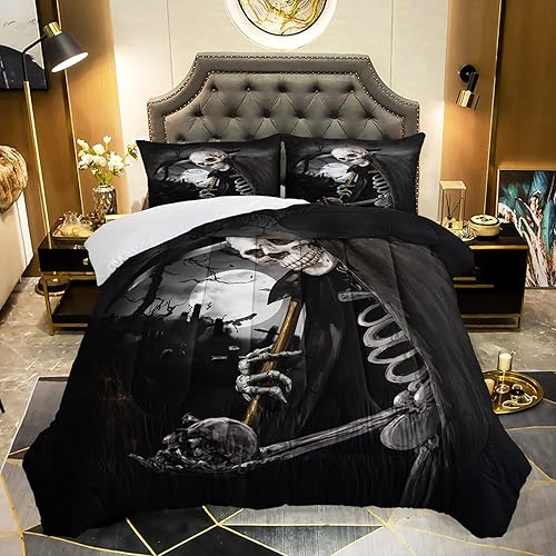 Miniatura 1 de AILONEN Juego de edredón de calavera para adolescentes y niños, juego de ropa de cama con estampado de calavera, tamaño Queen, edredón superior