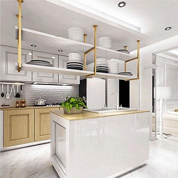 Gold Floating Shelves for Kitchen Ceiling Mounted Shelf, Wall Decorative Storage Shelving Indoor Plant Flower Pot Stand Suspended Hanging Kitchen Pot Rack150x30x80cm