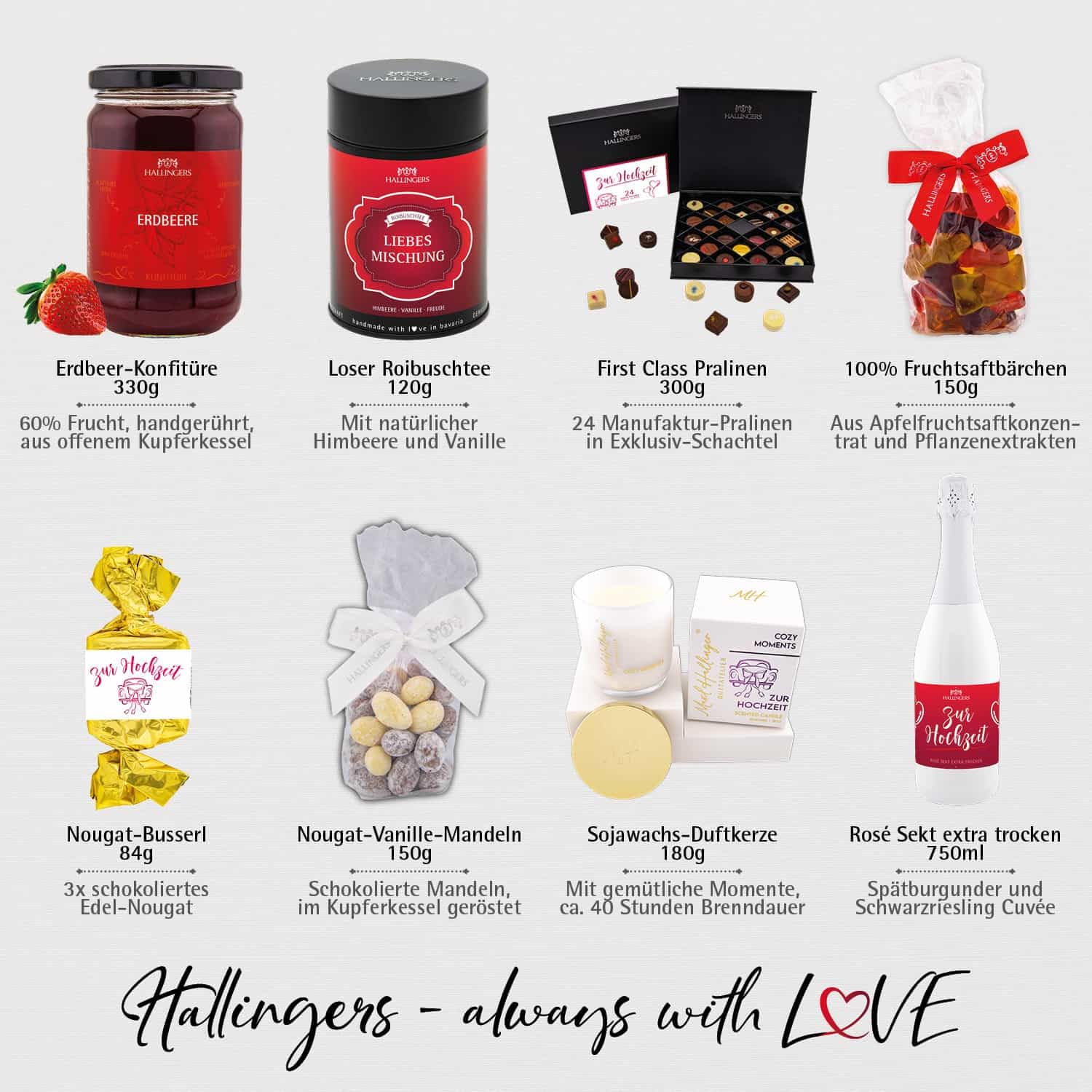 Hallingers Genuss Manufaktur Feinkost Liebes-Geschenk-Set - XXL-Geschenkkorb "Zur Hochzeit" großer Hochzeitsgruß Sekt, Nougat, Konfitüre, Tee, Duftkerze, Schoki & mehr, Geschenkidee für Brautpaar