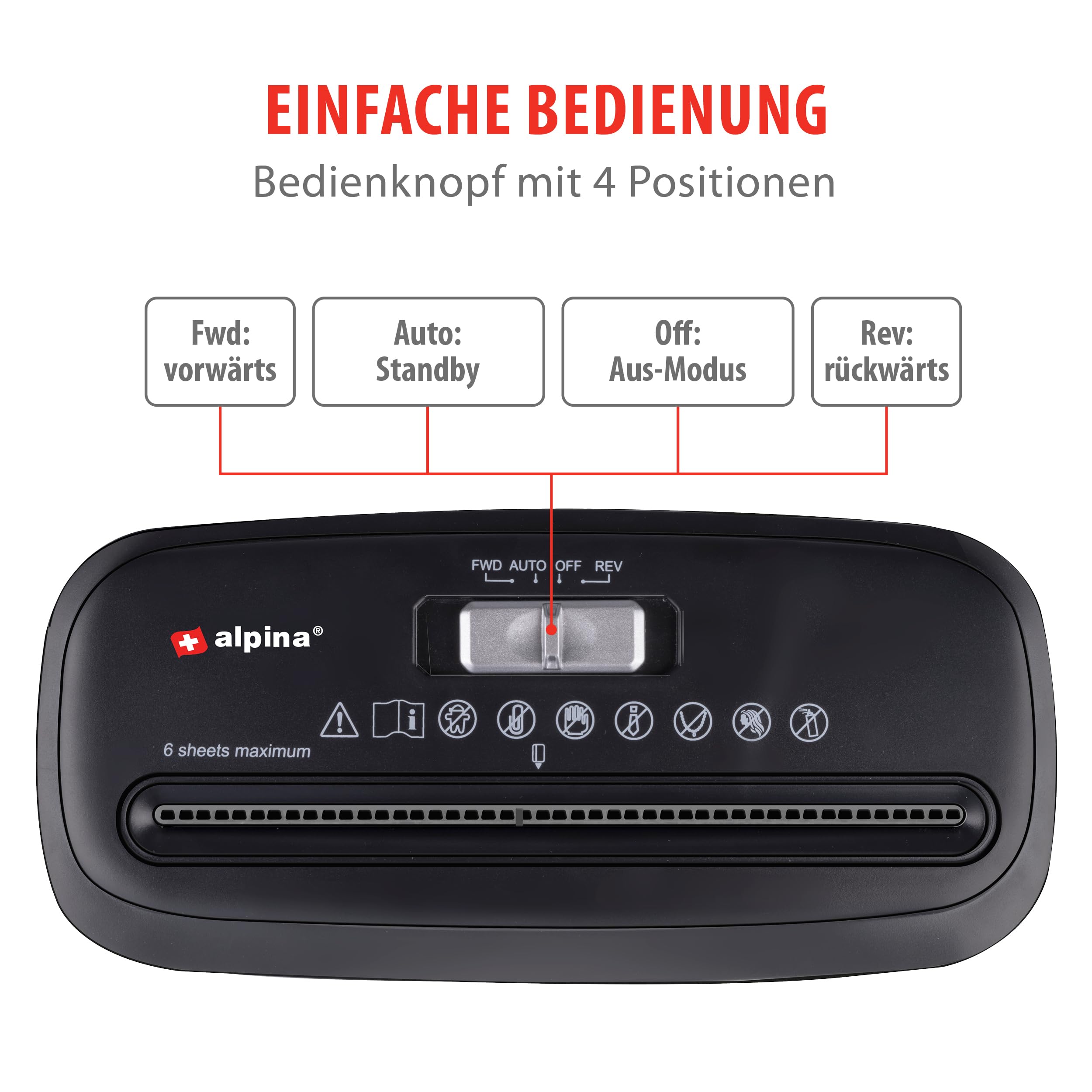 Alpina Aktenvernichter – Papiershredder für Zuhause und Büro – Shredder Zerstört Kreditkarten – Zerkleinern Sie 6 A4-Blätter auf Einmal – 10L Behälter – 190W Leistung – Streifenschnitt – Schwarz