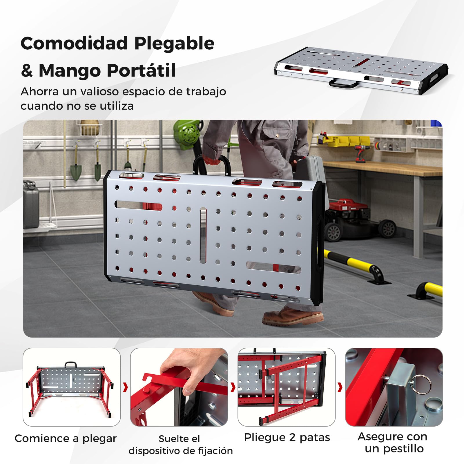 COSTWAY Banco de Trabajo Plegable, Mesa de Trabajo con Altura Ajustable en 7 Niveles, Agujeros y Ranuras para Herramientas, Banco Trabajo Taller de Metal Portátil con 2 Abrazaderas