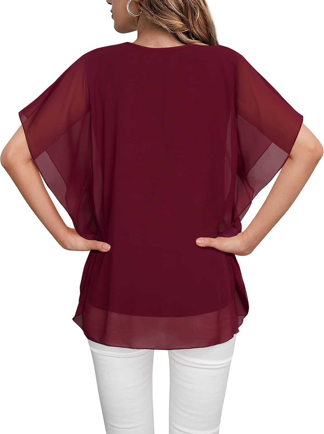 Lotusmile Women's Loose Flouncing Flutter Sleeve Double-Layered Shirt Chiffon Elegant Dressy Blouse Work Tops - Image 3