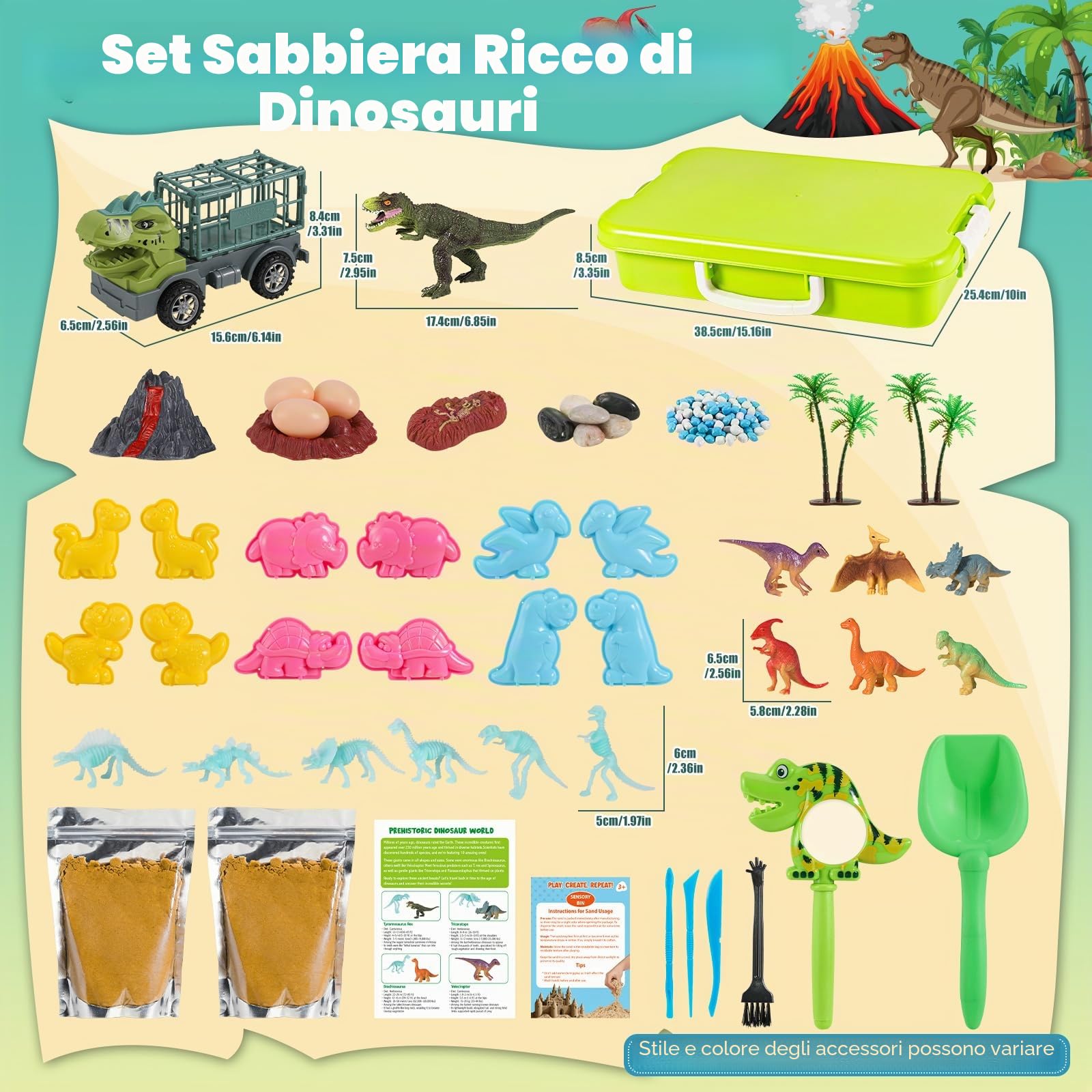 FRUSE Sabbia Giocattolo per Bambini, Kit di Sabbiera con Sabbia Magica, Dinosauro Giocattolo, Lente d'Ingrandimento con Dinosauri, Giocattoli Sensoriali Giochi Sabbiera Regalo di Natale per Bambini