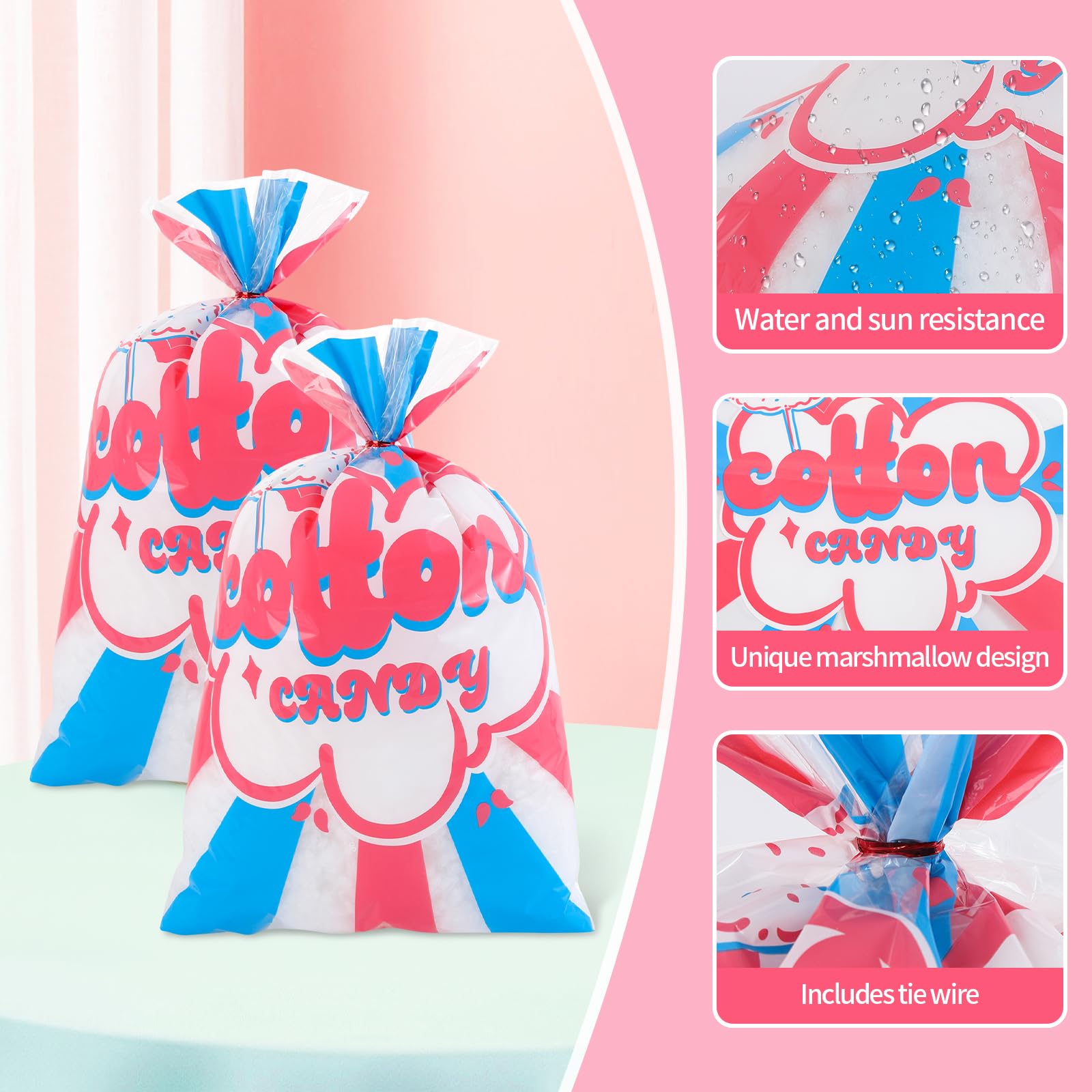 Bolsas de algodón de azúcar con lazos, suministros de algodón de azúcar para circo, carnaval, fiesta de cumpleaños, recuerdos de 12 x 18 unidades, 50 unidades