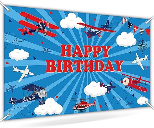 Avezano Telón de fondo de feliz cumpleaños de avión para niños, decoración de fiesta de cumpleaños de avión, pancarta temática de moscas de cielo