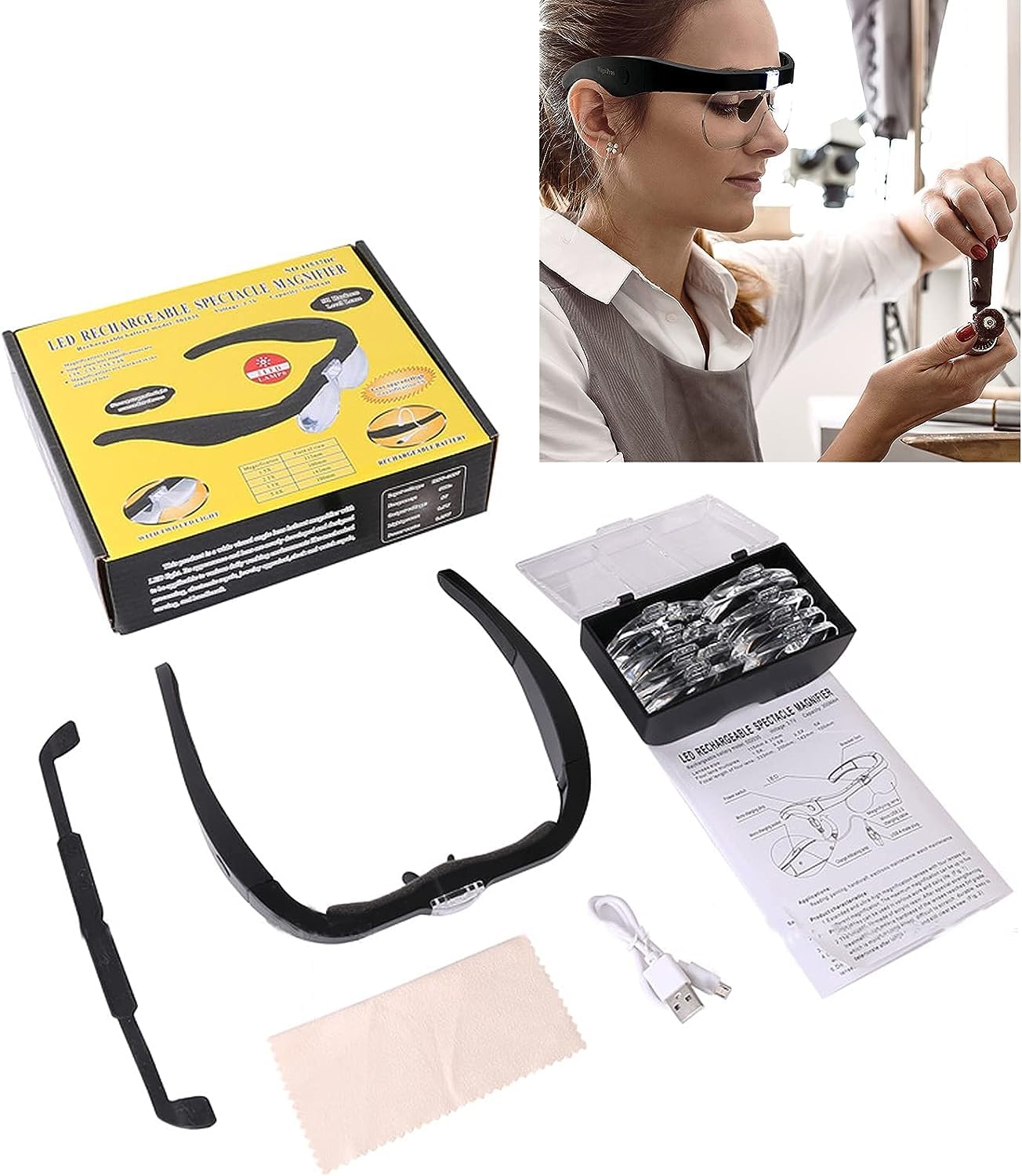Lente Ingrandimento con Luce LED 5x 3.5x 2.5x 1.5x Ricaricabile USB a Mani Libere