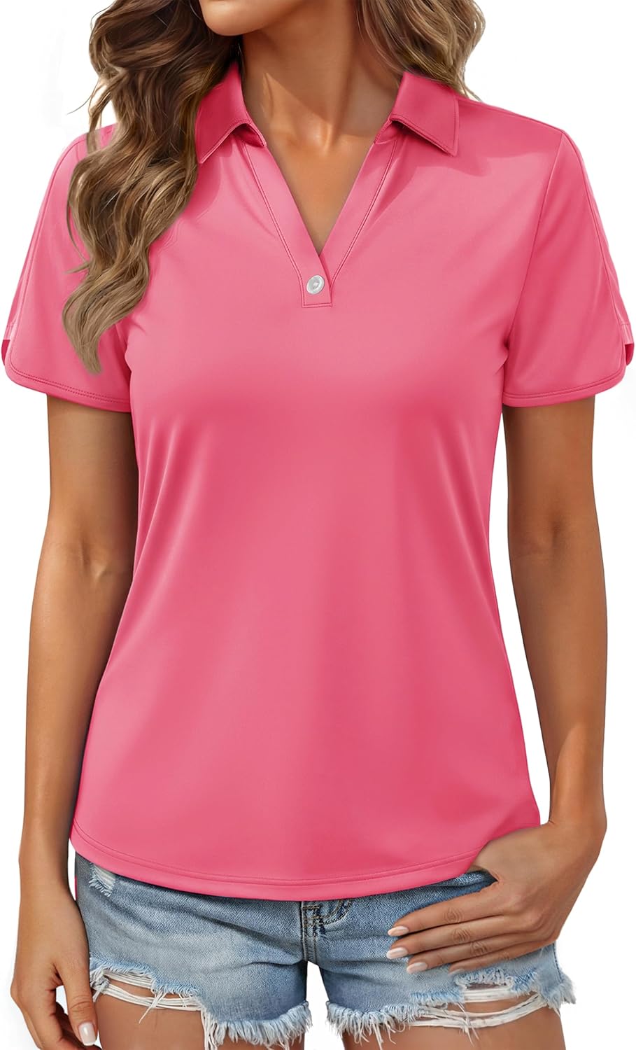 MAGCOMSEN Women's Polo Shirts Short Sleeve UPF 50+ Sun Protection Golf Shirt V Neck Collared Tops Dry Fit