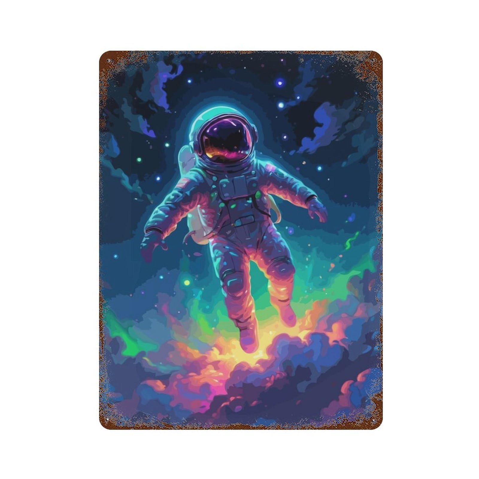 Weathered Tin Sign with Astronaut On The Space Design 15.7"x11.8", for Basement, Hobby Room And Garage Decor, Industrial Home Decor