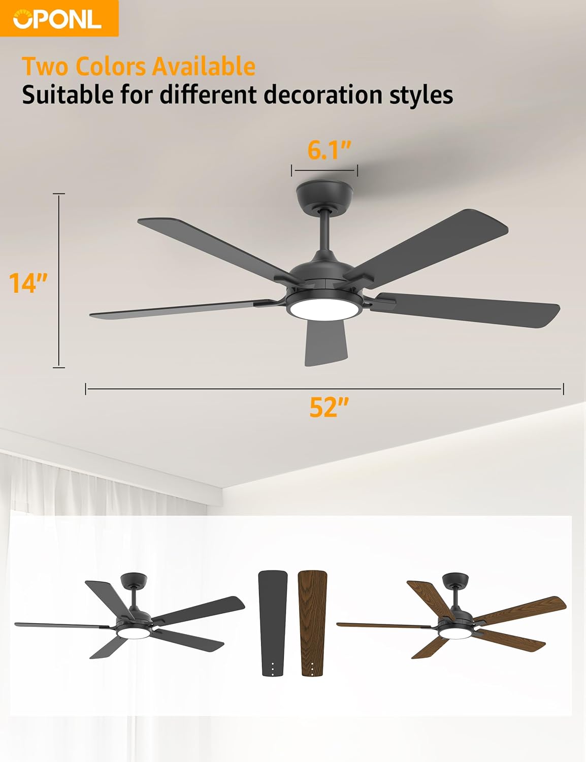 Ceiling Fans with Lights, 52 Inch Black Modern Ceiling Fan with Light and Remote Control, DC Reversible Motor, Noiseless, Dual Fan Blades, 6CCT, Fans for Bedroom, Living Room, Indoor and Outdoor Use