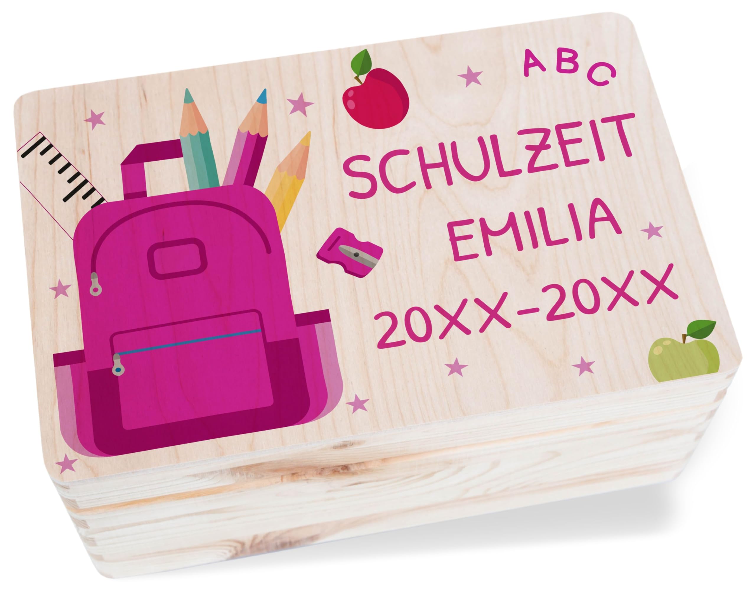 Holzkiste Erinnerungsbox - Schulzeit Erinnerungen Geschenk | 1 Schuljahr Mädchen Geschenk Einschulung | Schulanfang Geschenke - 30 x 20 x 14 - Holz - box einschulung￼ personalisierte geschenkbox
