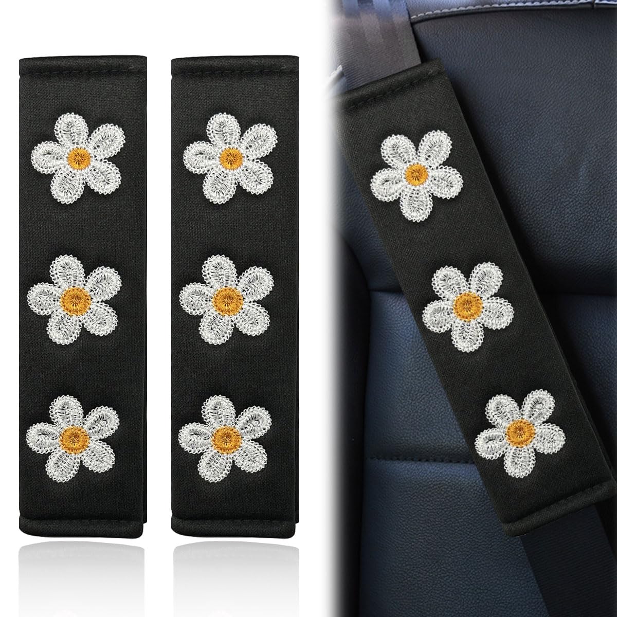 2PCS Daisy Flower Car Seat Belt Cover Pads, Protect Neck, White