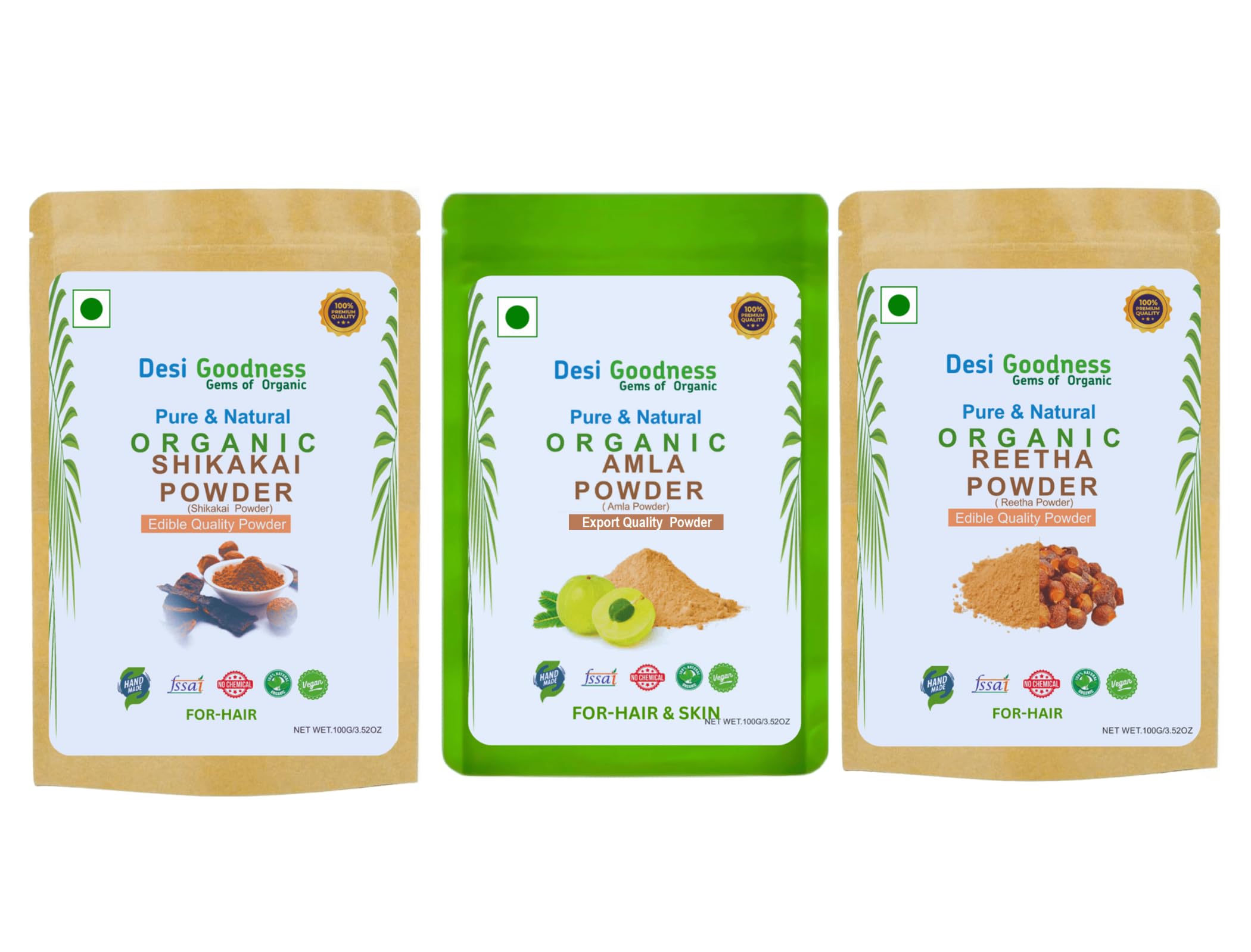 Organic Hair Care Powder Set, Shikakai, Amla and Reetha Powder, 100g Each For All Hair Type, 300G (Pack Of 3), 3 Count-image-0