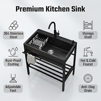 Laundry Utility Sink with Cabinet, Nano Stainless Steel Free Standing Kitchen Sink with Faucet, 23.6 Black Single Bowl Outdoor Sink Station for Garage, Laundry Room, Commercial