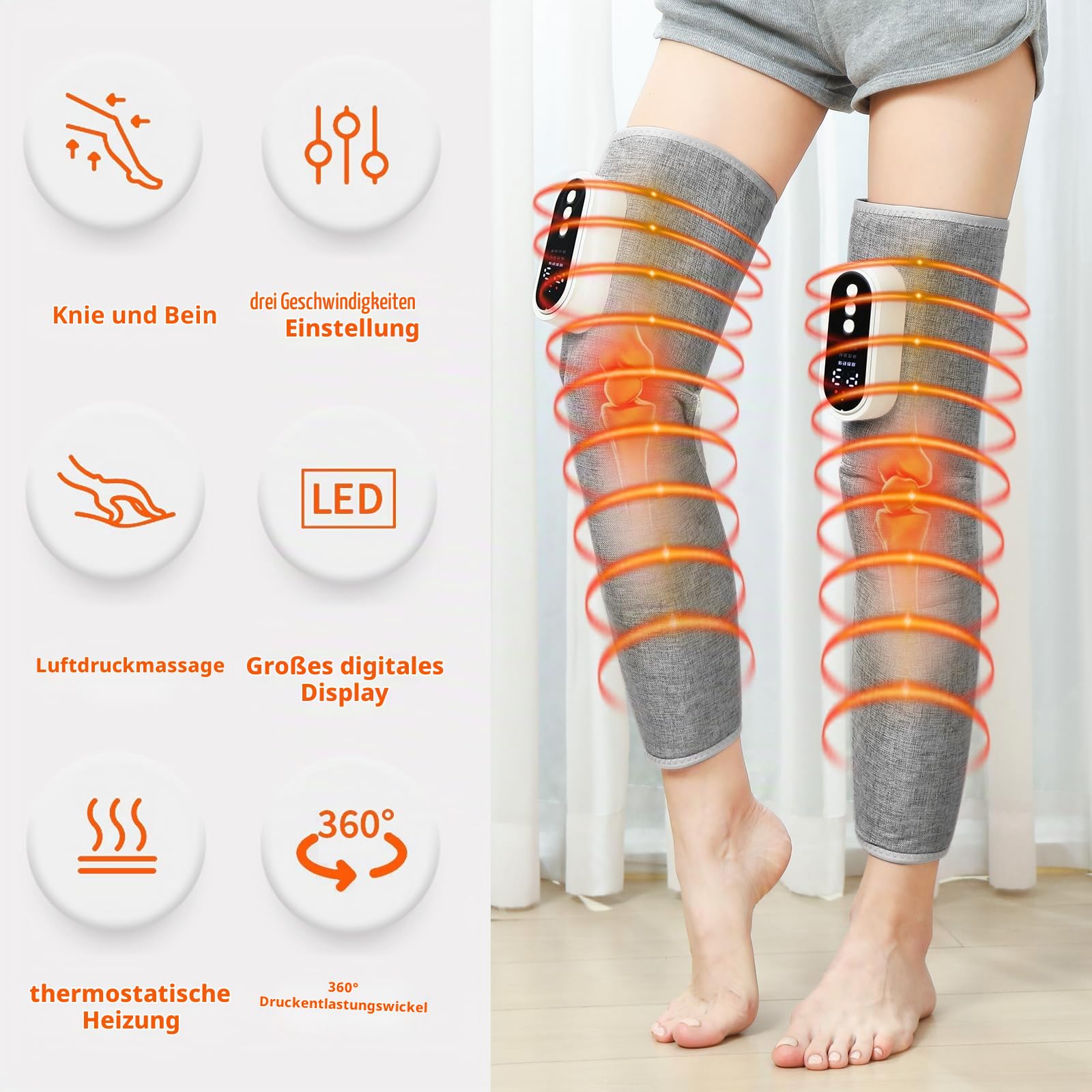 Kabelloses Beinmassagegerät, Wadenmassagegerät mit Heizung und Luftkompression, Heißdruckmassagegeräts mit 3 Modi und Heizfunktion, Muskelentspannung, für Oberschenkel, Waden, Knie