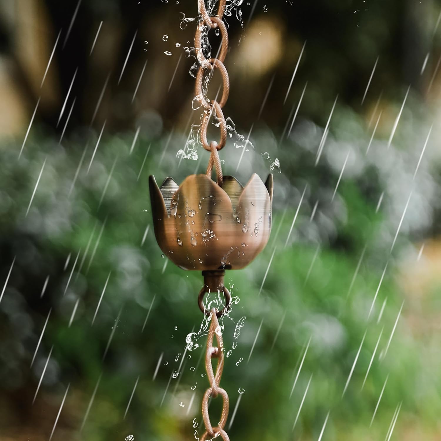 DUSVALLY Rain Chain, 8FT Bell Metal Rain Chain, Functional and Decorative Replacement for Gutter Downspouts, Divert Water and Home Display, Adjustable, Antique Gold