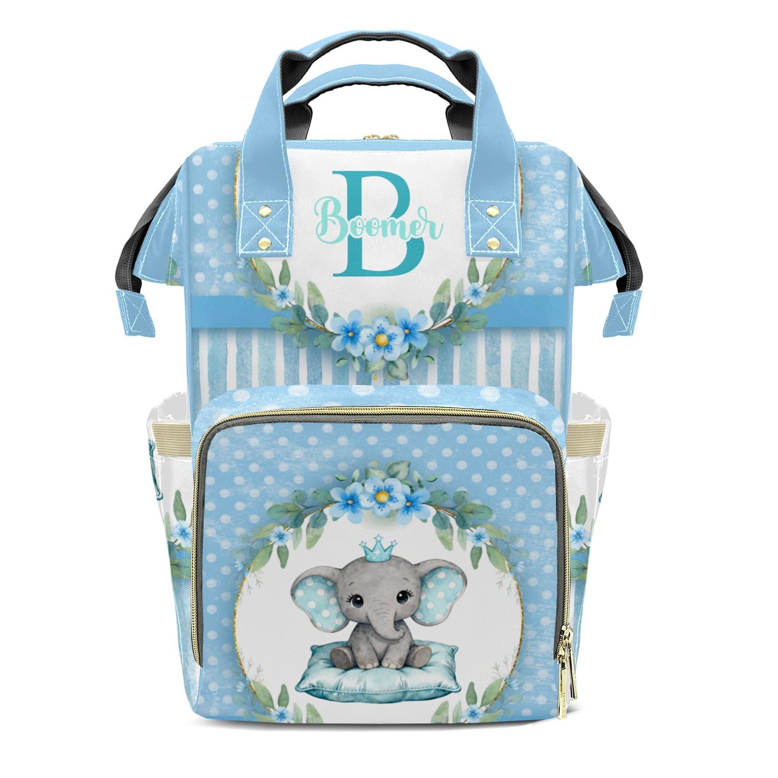 Personalized Diaper Bag Backpack Name Watercolor Floral Wreath Dot Elephant Clear Up Clutter: Big Capacity Waterproof Bag with Extra Compartments