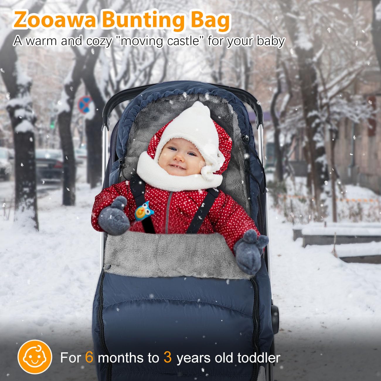Zooawa Stroller Bunting Bag Universal, Waterproof Baby Stroller Footmuff, Stroller Sleeping Bag for Cold Weather, Extra Thick, Fits 6-36 Months Baby, Dark Blue - Image 2