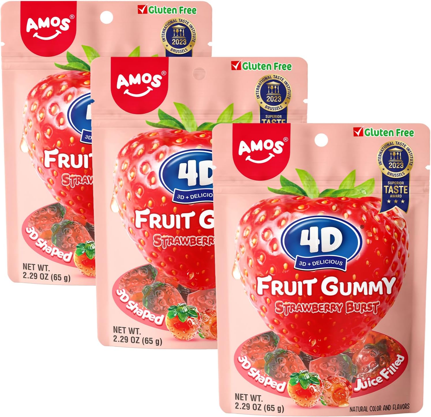 Amos 4D Gummy Candy Strawberry Burst - Fruity, Jelly-Filled, Natural Flavor - Resealable 2.29oz Bag (Pack of 3)
