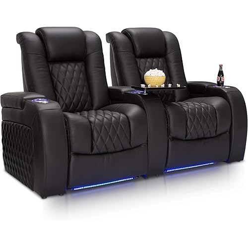 Seatcraft Diamante - Home Theater Seating - Power Recline - Top Grain Leather - Powered Headrests - Cupholders - USB Charging - Ambient Lighting - Arm Storage, Row of 2, Black