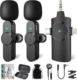 Lavalier Microphone Wireless, Lapel Microphone Wireless Dual Clip on Mics for iPhone Camera Android Phone, Lav Microphone System for Video Recording (2 Pack Mics)