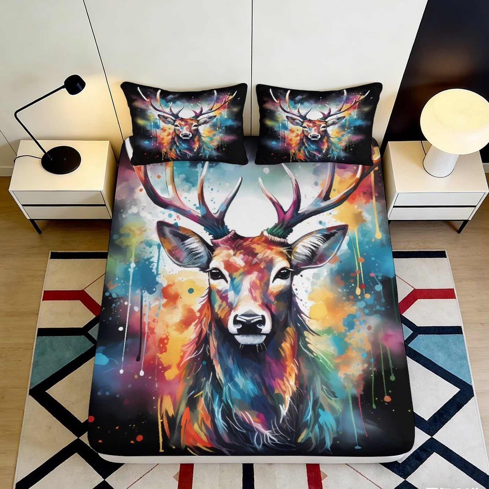 3D Printed Colorful Deer Fitted Sheet Microfiber Deep Pocket Bedroom Bedding Rainbow Stag Mattress Fitted Cover Washable Elastic 90x200x25cm